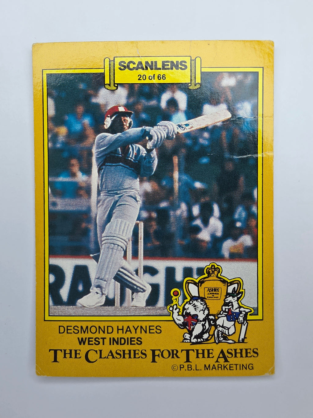 1986 Clashes for the Ashes cricket trading card from Scanlens featuring Desmond Haynes batting for the West Indies.