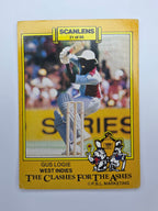 1986 Scanlens Clashes for the Ashes cricket trading card featuring Gus Logie batting for the West Indies.