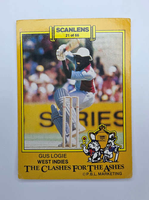 1986 Scanlens Clashes for the Ashes cricket trading card featuring Gus Logie batting for the West Indies.