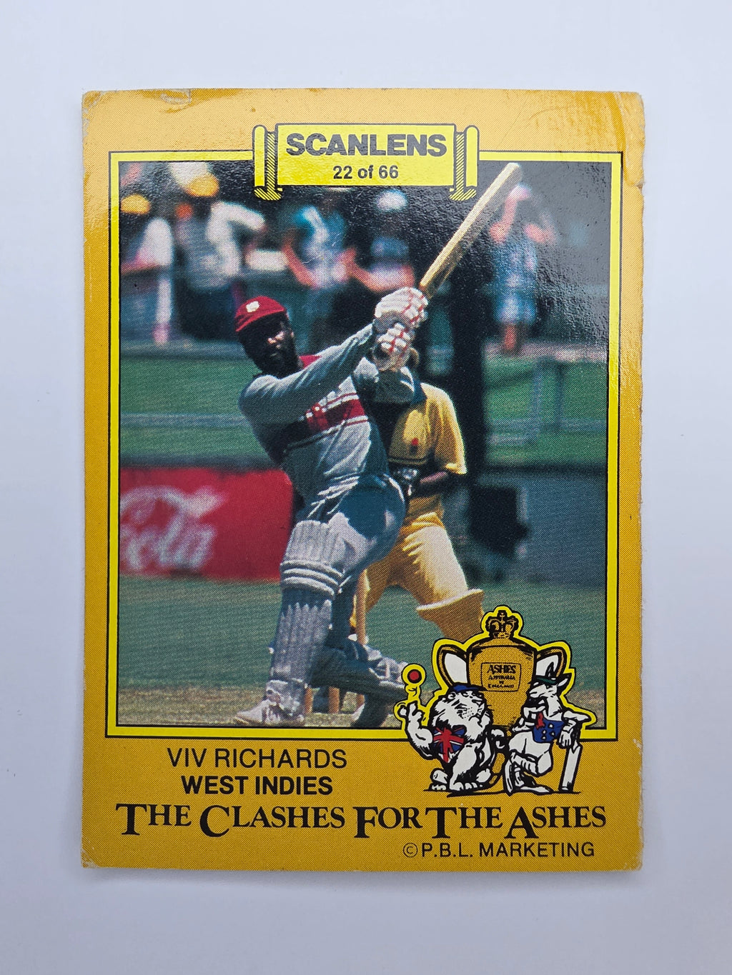 Scanlens 1986 Cricket trading card from the Clashes for the Ashes series featuring Viv Richards batting for the West Indies.