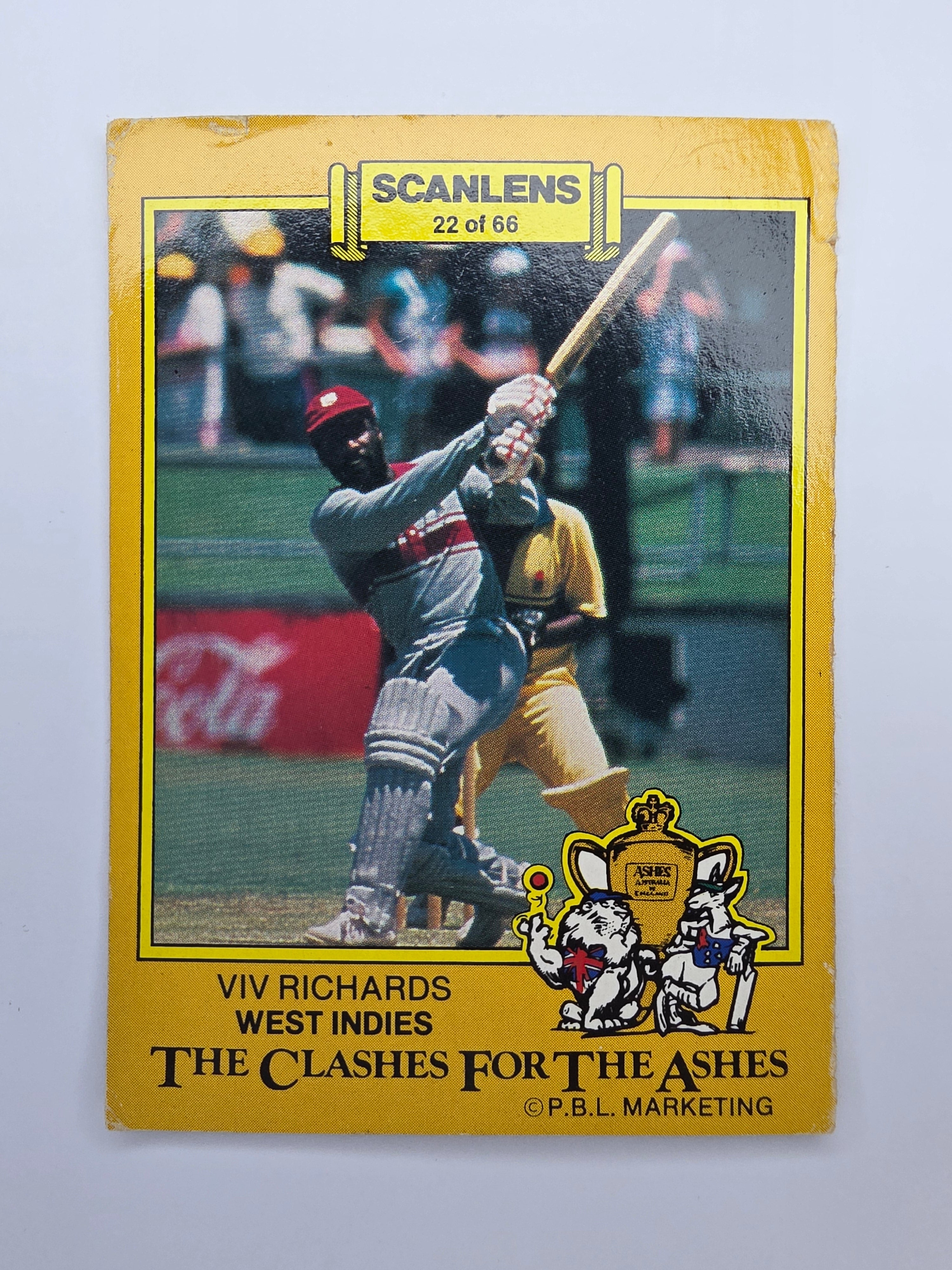 Scanlens 1986 Cricket trading card from the Clashes for the Ashes series featuring Viv Richards batting for the West Indies.