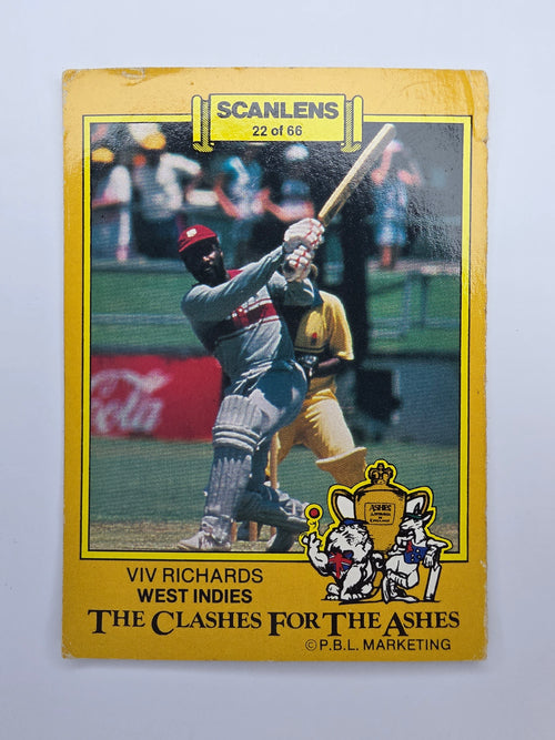 Scanlens 1986 Cricket trading card from the Clashes for the Ashes series featuring Viv Richards batting for the West Indies.