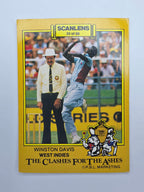 Scanlens 1986 Clashes for the Ashes cricket trading card featuring Winston Davis bowling for the West Indies.