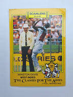 Scanlens 1986 Clashes for the Ashes cricket trading card featuring Winston Davis bowling for the West Indies.