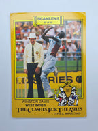 Scanlens 1986 Clashes for the Ashes cricket trading card featuring Winston Davis bowling for the West Indies.
