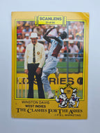 Scanlens 1986 Clashes for the Ashes cricket trading card featuring Winston Davis bowling for the West Indies.