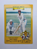 Scanlens 1986 Cricket trading card from the Clashes for the Ashes series featuring Carlisle Best batting for the West Indies.