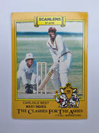 Scanlens 1986 Cricket trading card from the Clashes for the Ashes series featuring Carlisle Best batting for the West Indies.