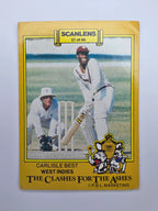Scanlens 1986 Cricket trading card from the Clashes for the Ashes series featuring Carlisle Best batting for the West Indies.