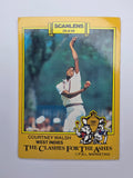 Scanlens 1986 Clashes for the Ashes cricket trading card featuring Courtney Walsh bowling for the West Indies.