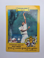 Scanlens 1986 Clashes for the Ashes cricket trading card featuring Courtney Walsh bowling for the West Indies.