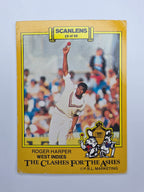 Scanlens 1986 cricket trading card from the Clashes for the Ashes featuring Roger Harper bowling for the West Indies.