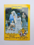 Scanlens 1986 Clashes for the Ashes cricket trading card featuring Graeme Fowler batting for England.