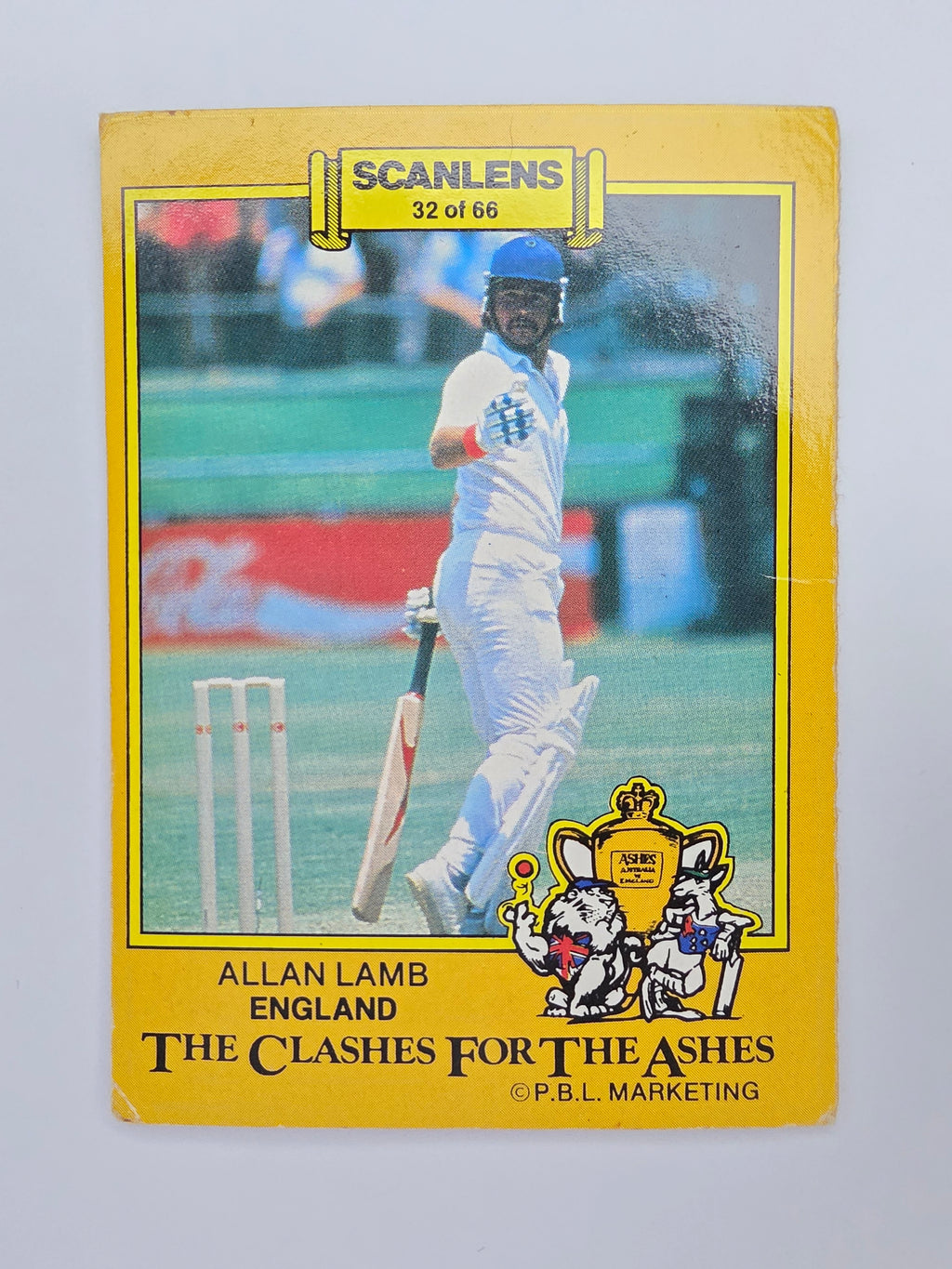 Scanlens 1986 Clashes for the Ashes cricket trading card featuring Allan Lamb batting for England.
