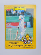 Scanlens 1986 Clashes for the Ashes cricket trading card featuring Allan Lamb batting for England.