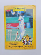 Scanlens 1986 Clashes for the Ashes cricket trading card featuring Allan Lamb batting for England.