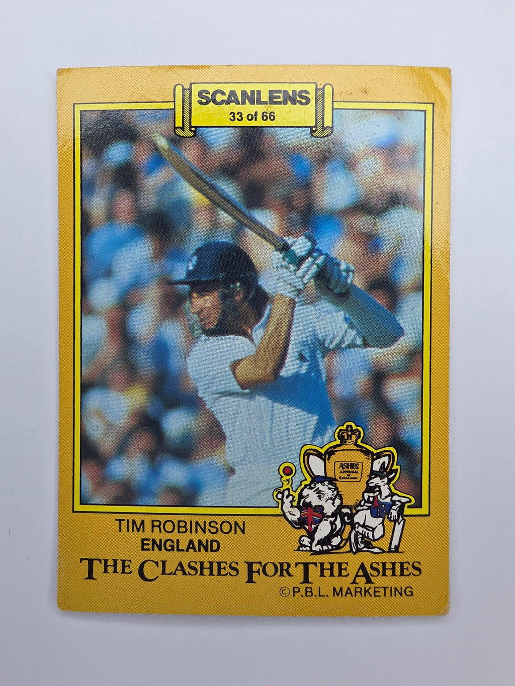Scanlens 1986 Clashes for the Ashes cricket trading card featuring Tim Robinson batting for England.