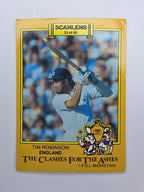 Scanlens 1986 Clashes for the Ashes cricket trading card featuring Tim Robinson batting for England.