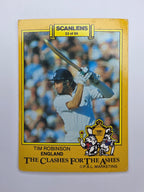 Scanlens 1986 Clashes for the Ashes cricket trading card featuring Tim Robinson batting for England.