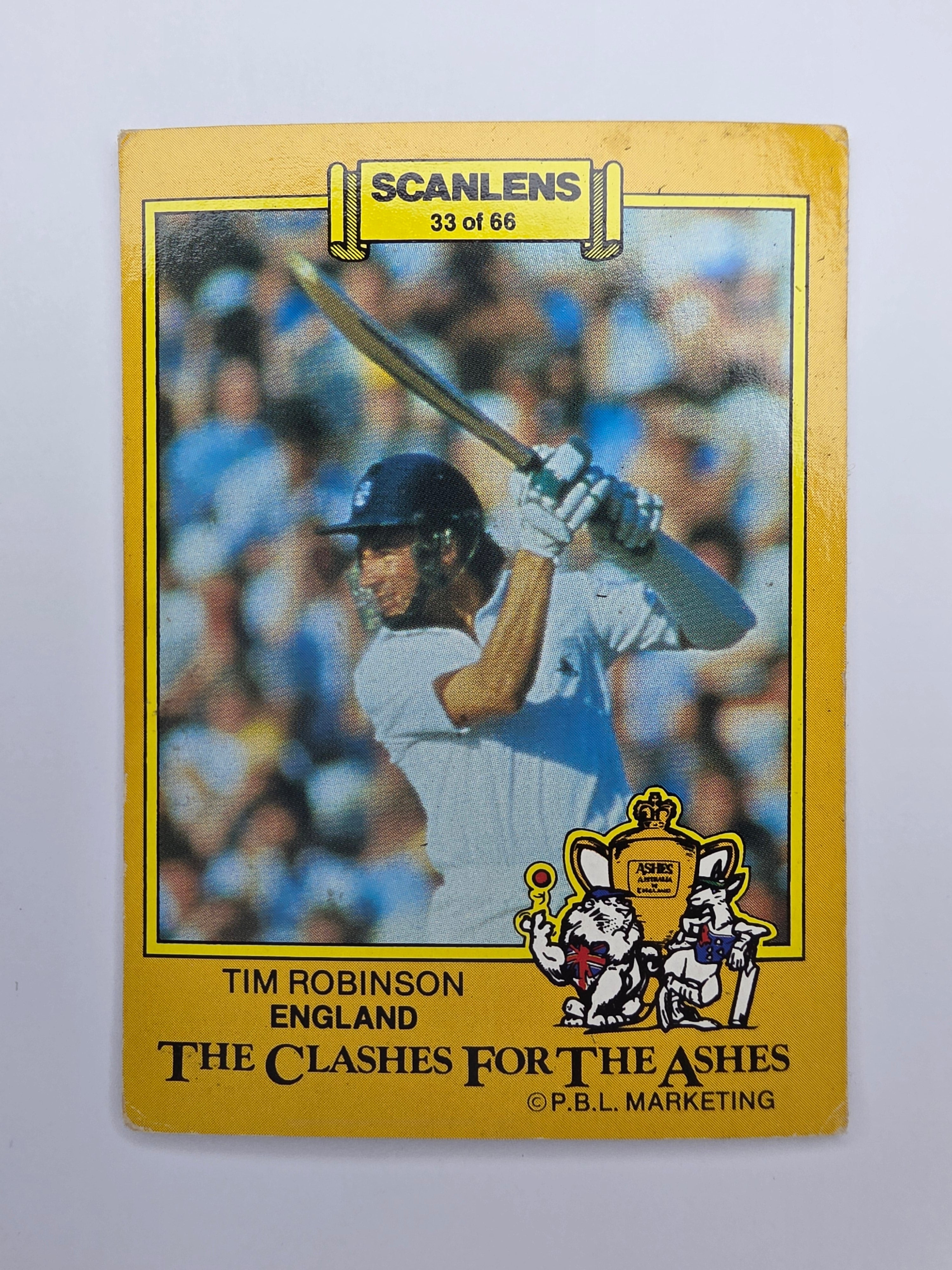 Scanlens 1986 Clashes for the Ashes cricket trading card featuring Tim Robinson batting for England.
