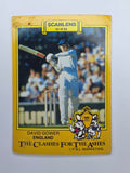 Scanlens 1986 Clashes for the Ashes cricket trading card featuring David Gower batting for England.