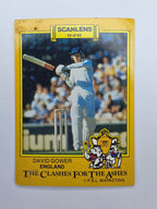 Scanlens 1986 Clashes for the Ashes cricket trading card featuring David Gower batting for England.