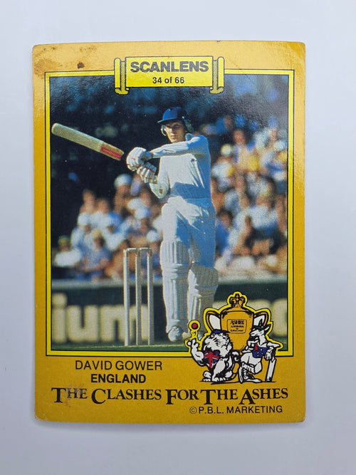 Scanlens 1986 Clashes for the Ashes cricket trading card featuring David Gower batting for England.
