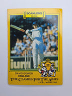 Scanlens 1986 Clashes for the Ashes cricket trading card featuring David Gower batting for England.