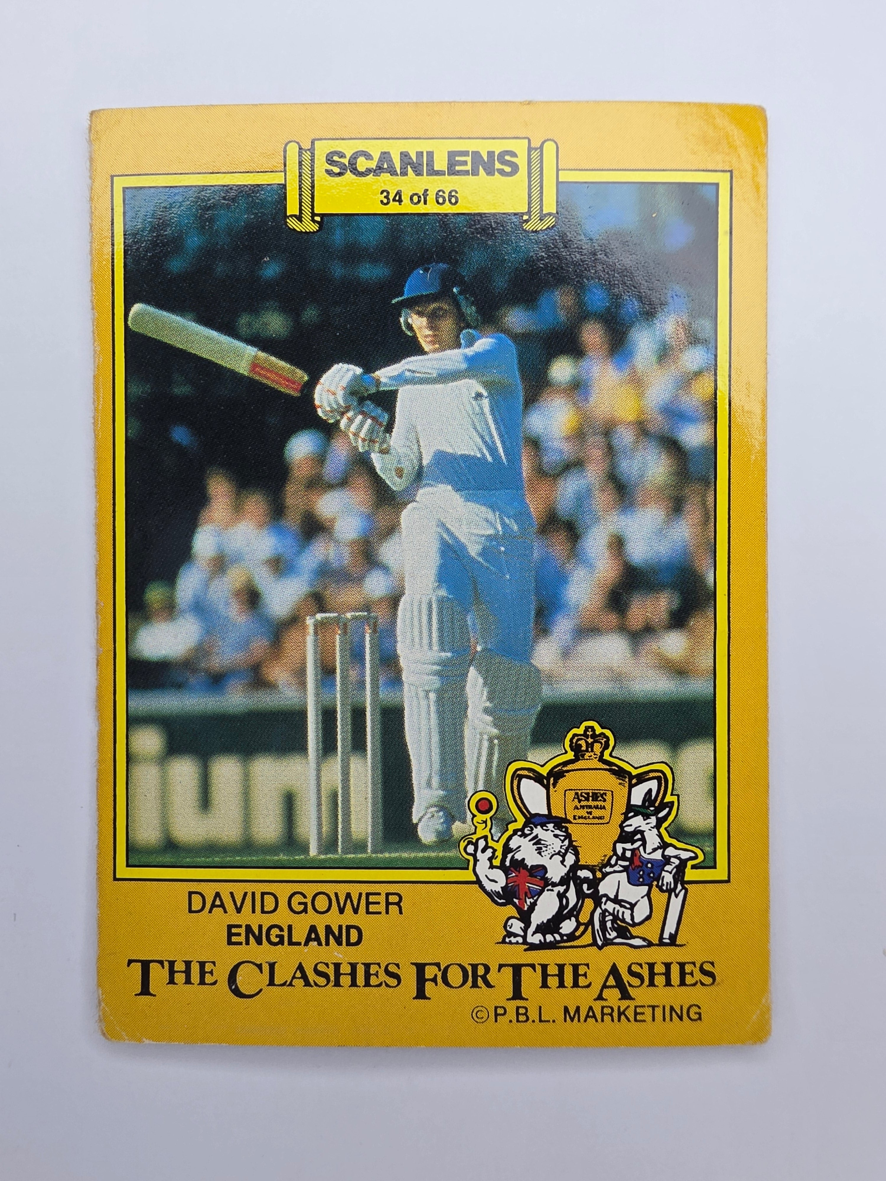 Scanlens 1986 Clashes for the Ashes cricket trading card featuring David Gower batting for England.