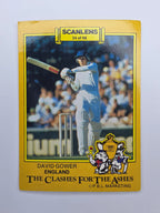 Scanlens 1986 Clashes for the Ashes cricket trading card featuring David Gower batting for England.