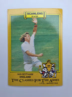 Scanlens 1986 Clashes for the Ashes cricket trading card featuring Ian Botham bowling for England.