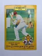 Scanlens 1986 The Clashes for the Ashes cricket trading card featuring Robert Bailey batting for England.