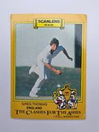 Scanlens 1986 The Clashes for the Ashes trading card featuring Greg Thomas bowling for England.