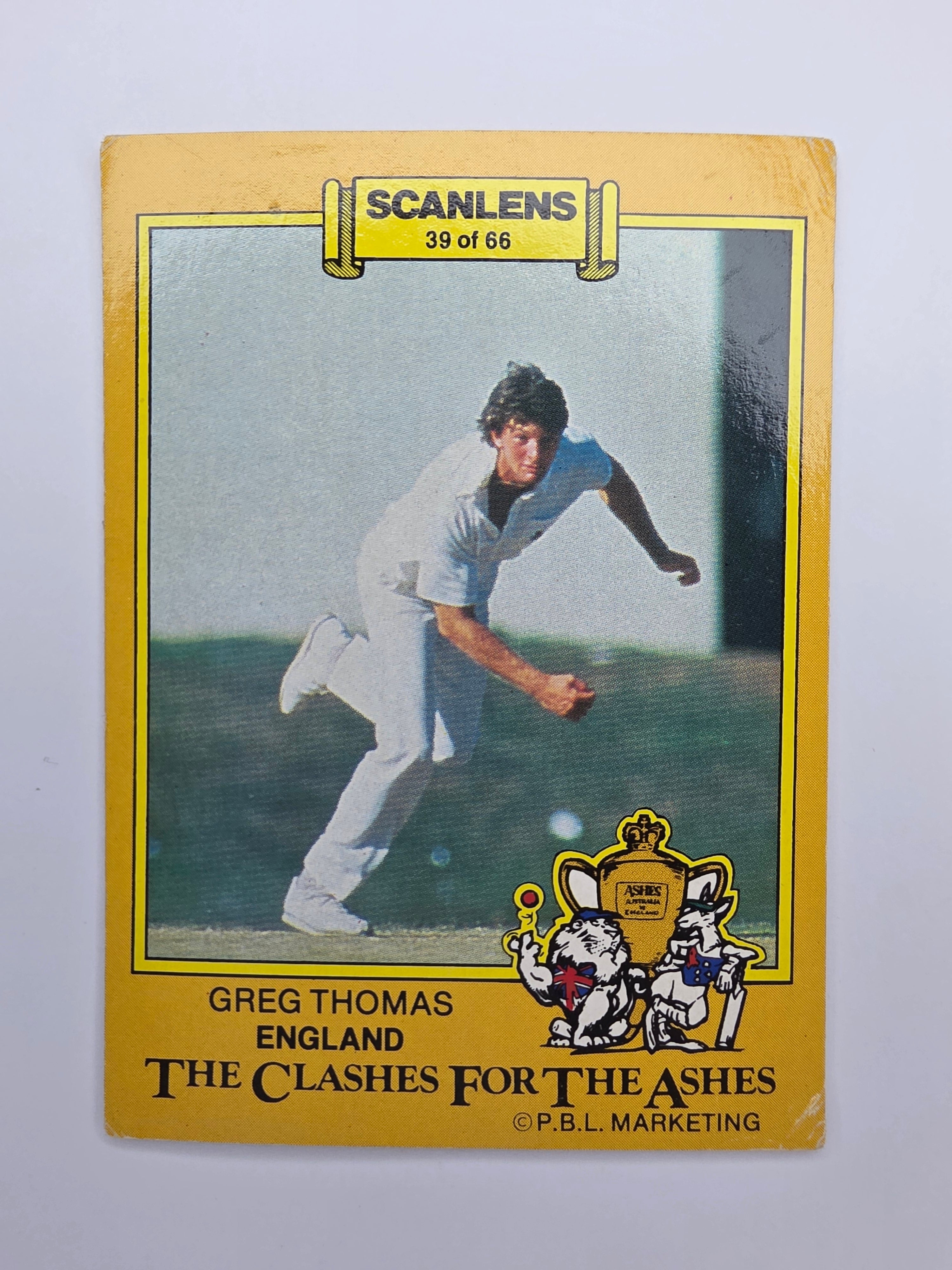 Scanlens 1986 The Clashes for the Ashes trading card featuring Greg Thomas bowling for England.