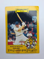 Scanlens 1986 The Clashes for the Ashes cricket trading card featuring Martyn Moxon batting for England.