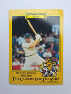 Scanlens 1986 The Clashes for the Ashes cricket trading card featuring Martyn Moxon batting for England.