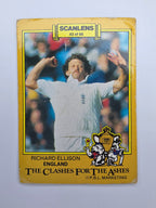 1986 Scanlens Clashes for the Ashes cricket trading card featuring Richard Ellison bowling for England.