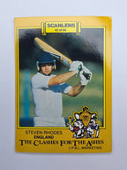 Scanlens 1986 Clashes for the Ashes cricket trading card featuring Steven Rhodes batting for England.