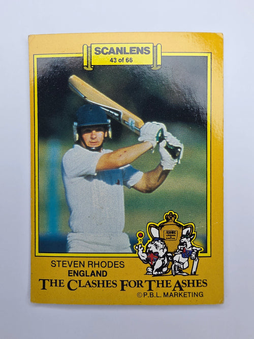 Scanlens 1986 Clashes for the Ashes cricket trading card featuring Steven Rhodes batting for England.