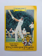 1986 Vintage Scanlens cricket Clashes for the Ashes trading card set featuring Dave Smith batting for England.