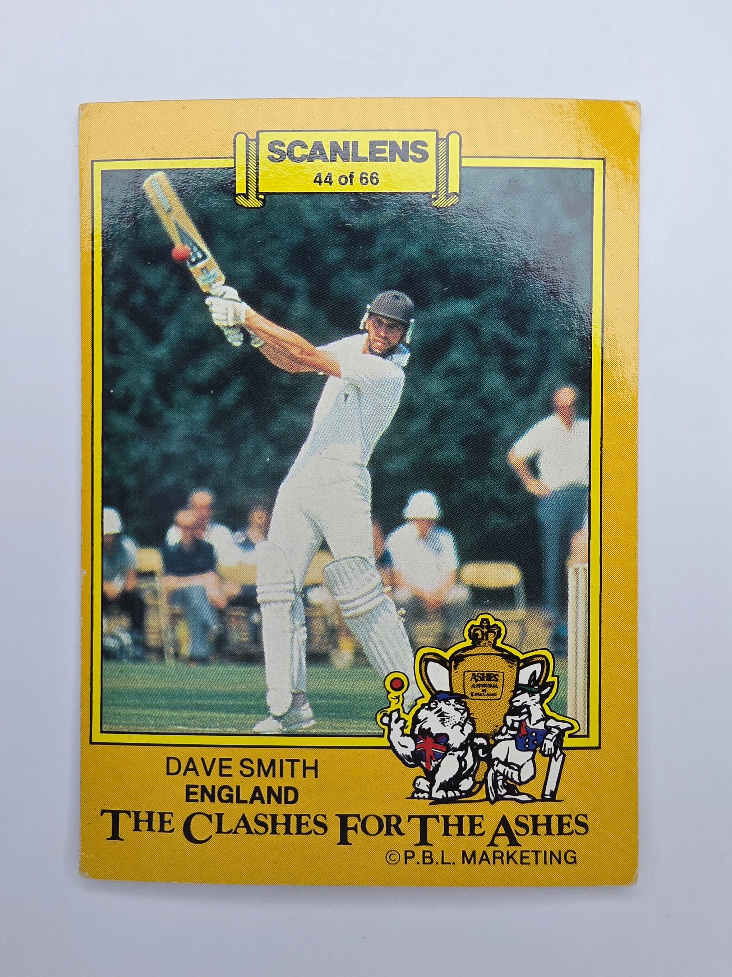 1986 Vintage Scanlens cricket Clashes for the Ashes trading card set featuring Dave Smith batting for England.