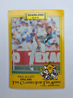 1986 Scanlens The Clashes for the Ashes cricket trading card featuring Paul Allott bowling for England.
