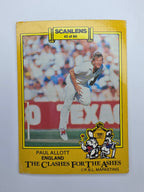 1986 Scanlens The Clashes for the Ashes cricket trading card featuring Paul Allott bowling for England.