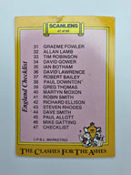 Scanlens 1986 The Clashes for the Ashes cricket trading card checklist for England.