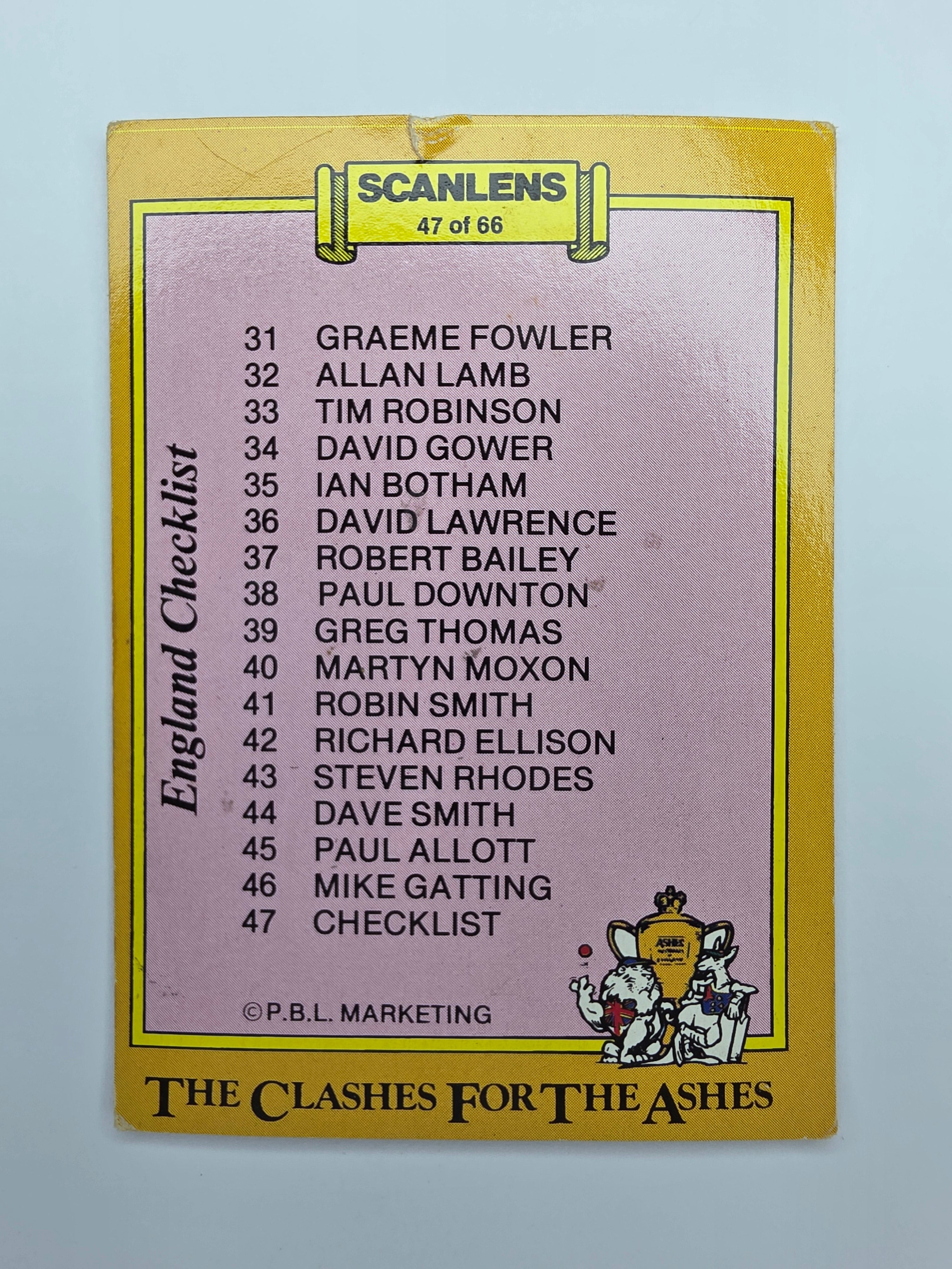 Scanlens 1986 The Clashes for the Ashes cricket trading card checklist for England.