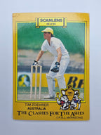 1986 Scanlens The Clashes for the Ashes cricket trading card featuring Tim Zoehrer wicket keeping for Australia.