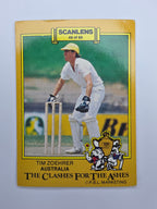 1986 Scanlens The Clashes for the Ashes cricket trading card featuring Tim Zoehrer wicket keeping for Australia.