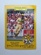 1986 Scanlens The Clashes for the Ashes cricket trading card featuring Dean Jones batting for Australia.