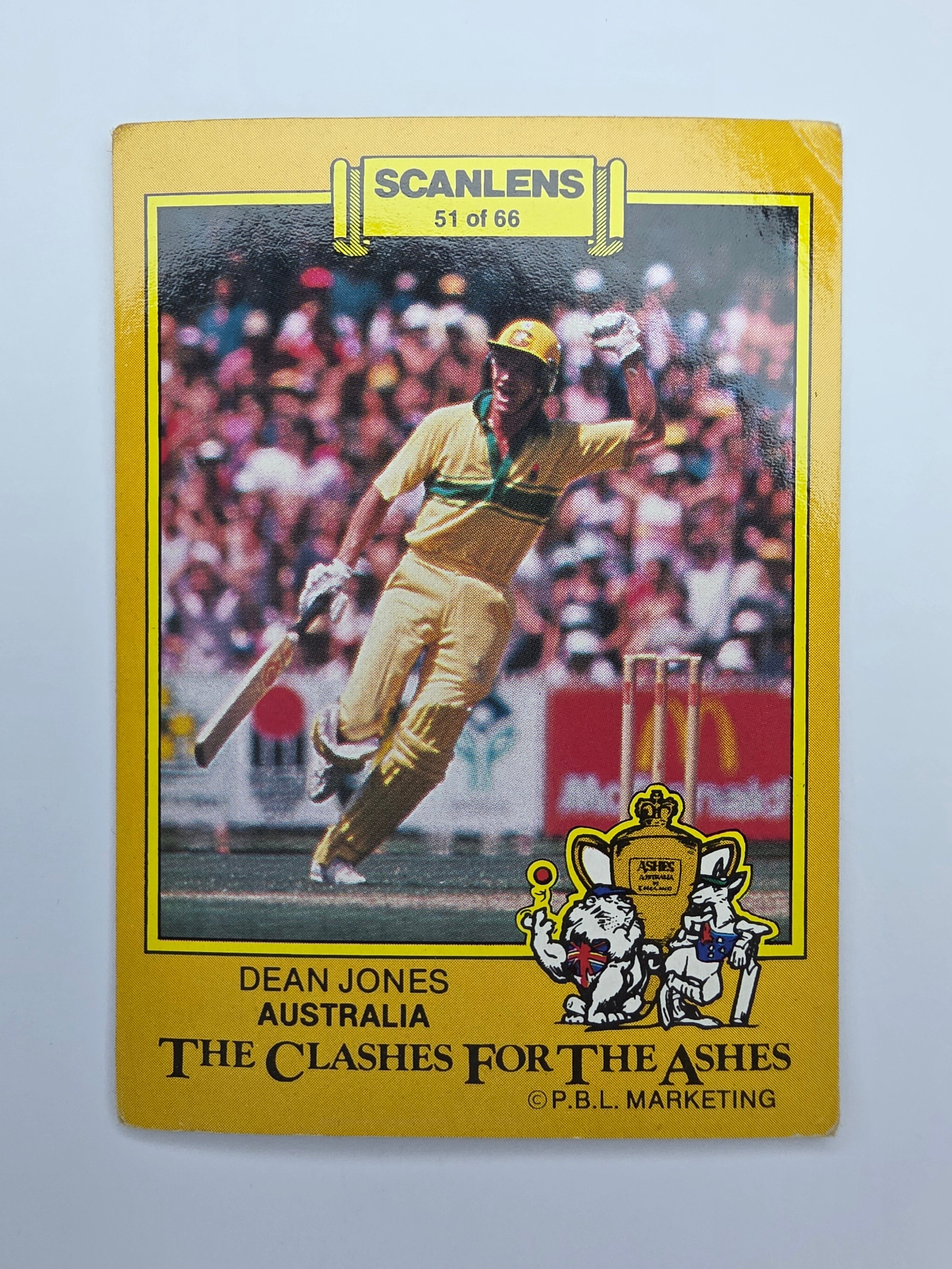 1986 Scanlens The Clashes for the Ashes cricket trading card featuring Dean Jones batting for Australia.