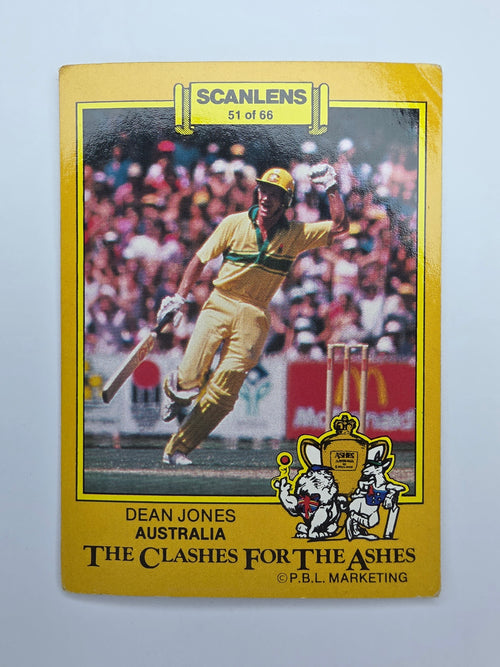 1986 Scanlens The Clashes for the Ashes cricket trading card featuring Dean Jones batting for Australia.